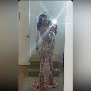 Light pink/rose gold square neck long sleeve prom dress.